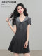Lingjiu <Misty Grey Navy> vestido estilo universitario novedad de verano para mujer falda acampanada pequeña con solapa de Color en contraste