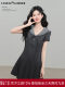 Lingjiu <Misty Grey Navy> vestido estilo universitario novedad de verano para mujer falda acampanada pequeña con solapa de Color en contraste