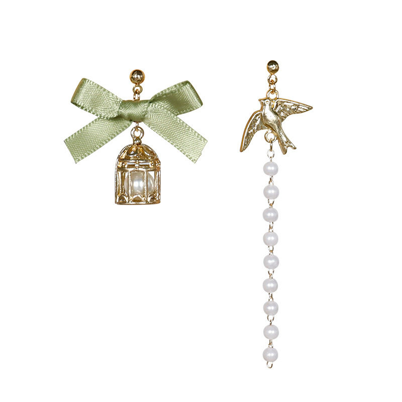 Supersenssen Female Department Creative asymmetrical Long version hollowed-out ear-pin ear clip Tea Green Butterfly Knot Bird Cage Earrings E34
