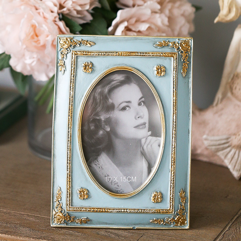 6 inch 4 inch light luxury gold-painted French retro old resin crafts ornaments gold blue-gray carved photo frame
