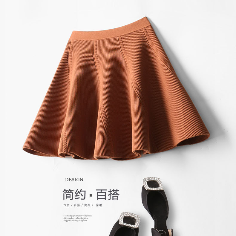 2017秋冬新款半身裙 爆款显瘦抽条蓬蓬裙冰麻针织大摆短裙女包邮