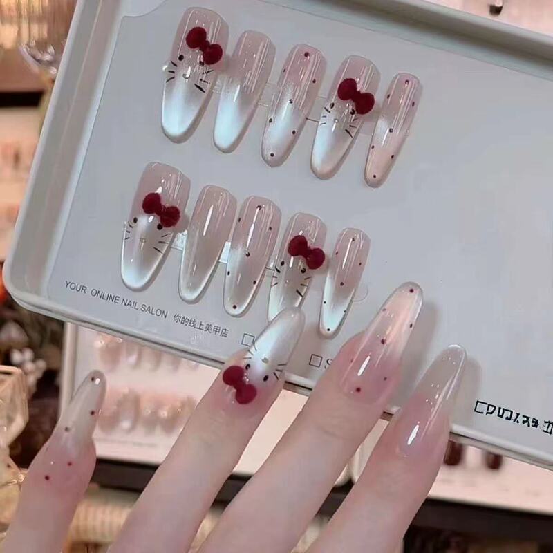 New Mid-Length Kitty Nail Art Wearable Nails in Wine Red with Bow and Cat Eye Design, Detachable Nail Tips New Mid-Length Kitty Nail Art Wearable Nails in Wine Red with Bow and Cat Eye Design, Detachable Nail Tips