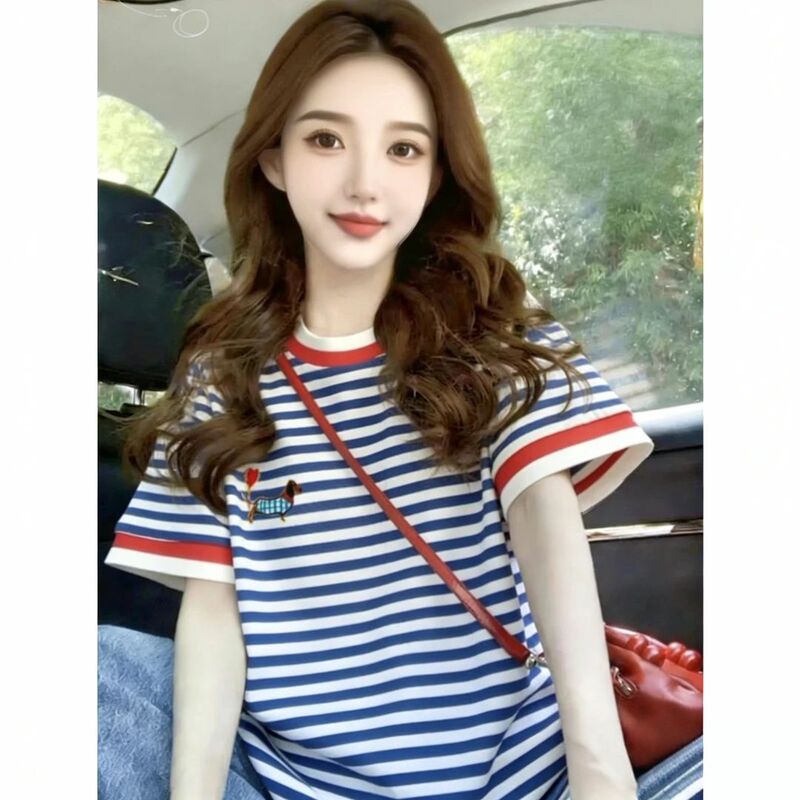 American Blue Stripesd Puppy Print Short-Sleeved T-Shirt for Women Summer New Half-Sleeved Design Loose Slimming Look Top