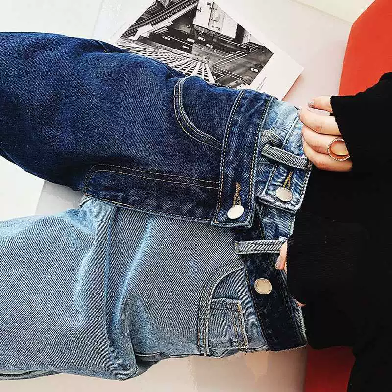 Quần giả hai mảnh màu khâu quần jean nữ 2019 phiên bản Hàn Quốc mới của quần ống rộng chín điểm thẳng nữ - Quần jean