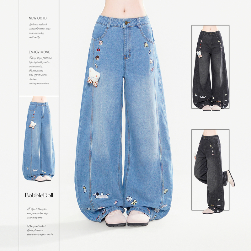 Bubbledoll Sweet Cartoon Embroidered Jeans for Women, Loose and Versatile, with a Draping, Lazy Style, Wide-Leg Scimitar Pants