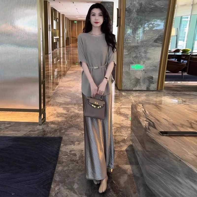 法国Rouje Moaks夏季宽松开叉半身裙两件套小香风真丝时尚套装女