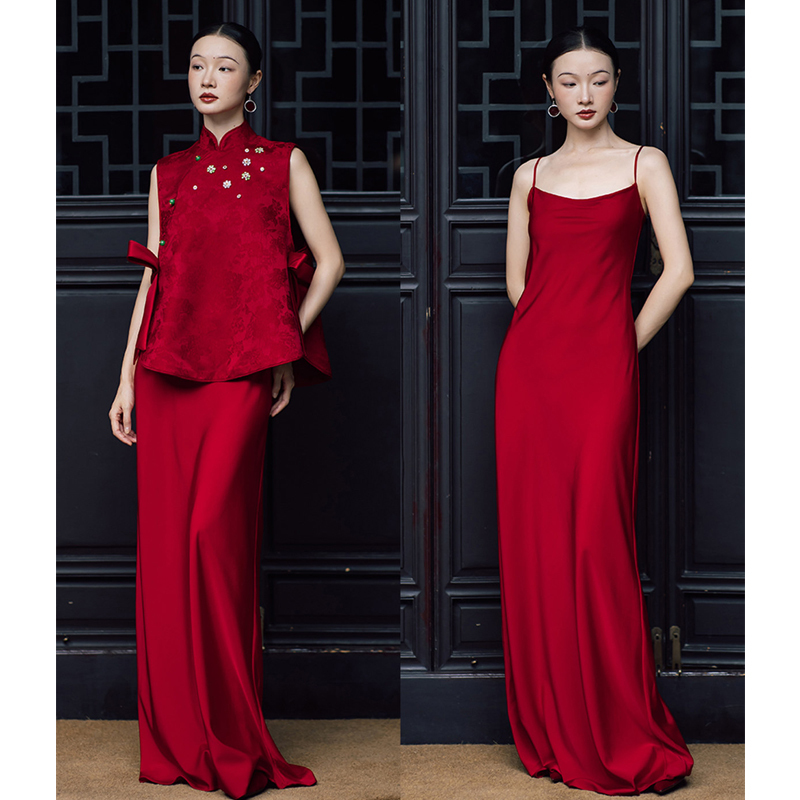 Red Engagement Dress, Chinese-Style Sleeveless Robe, Suspender Long Dress, Bride's Cheongsam, Toast Dress, Summer Two-Piece Set for Women