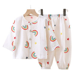 Children's thin double -layer cotton gauze pajamas summer girl home service male baby long -sleeved lantern pants set