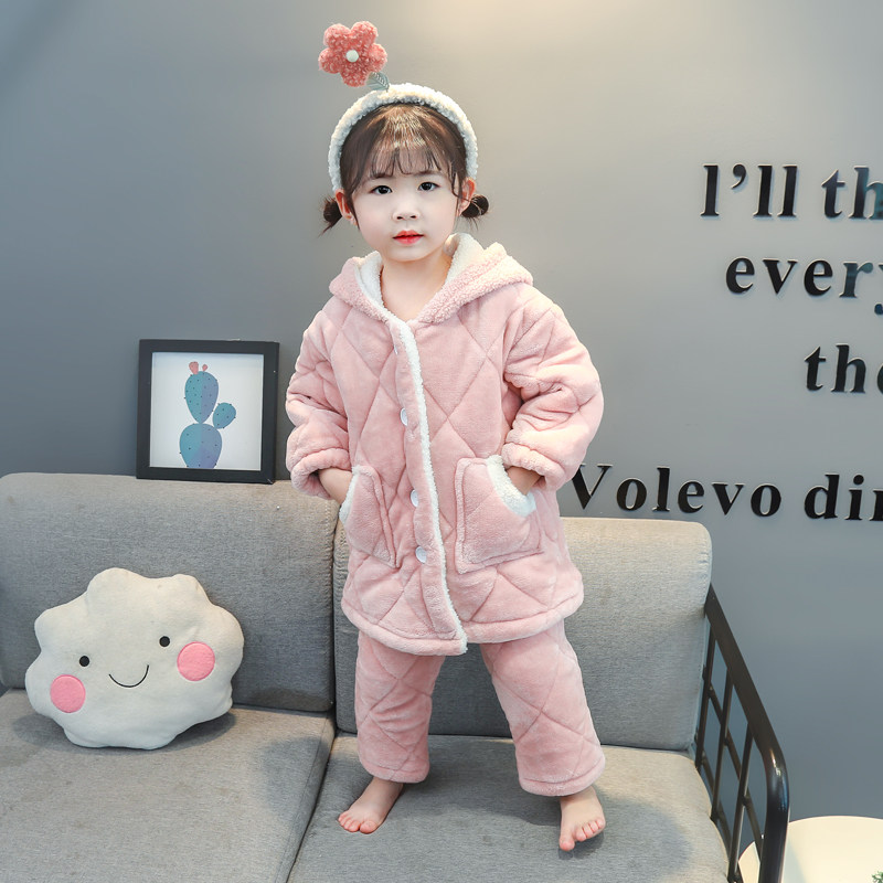 Children's pyjamas thickened three layers of cotton coral flannel flannel girl baby girl suit