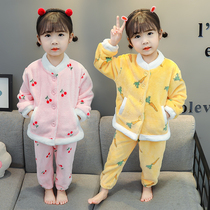 Girls flannel pyjamas pyjamas autumn winter thickened female baby anti-kicks hoodie winter childrens home clothes suit