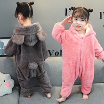 Baby Conjoined Pyjamas Children Autumn Winter Girl Garnter Thickened Home Clothing Baby Boy Coral Suede Cute Climbing Suit