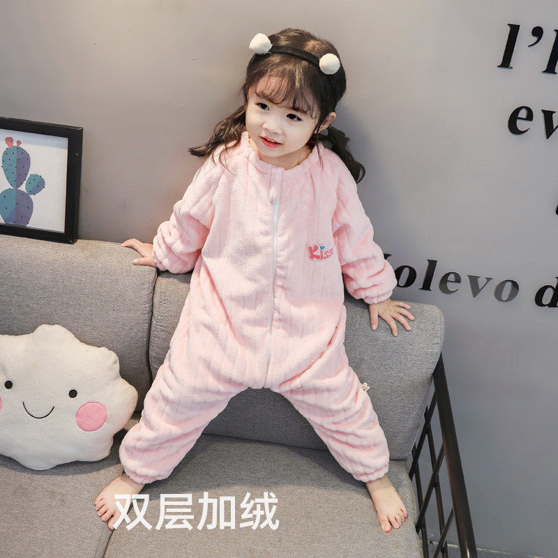 Baby coral suede even body pyjamas children autumn and winter gush flannel flannel climb Thickened Sleeping Bag Girl's home clothes