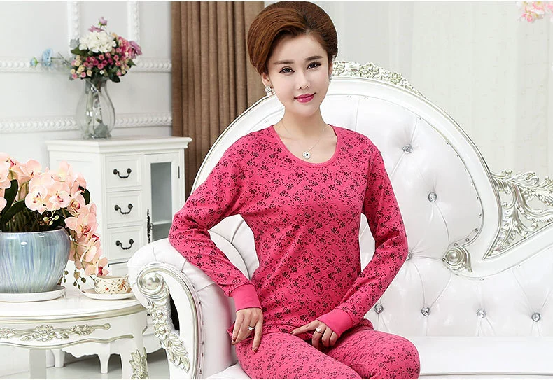 Phụ nữ trung niên và già Qiuyi Qiuku phù hợp với áo len cotton cổ tròn đồ lót nhiệt 100% cotton cỡ lớn áo len mùa đông đồ lót nữ dày