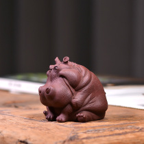 Yixing authentic purple sand pure handmade cute version sitting on the ground to make money hippo horse tea pet ornaments