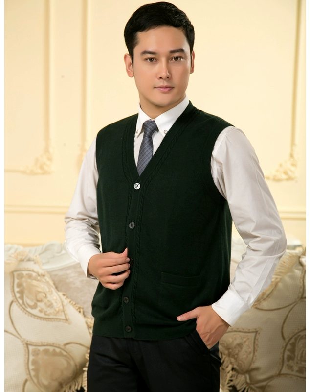 Mùa xuân và mùa thu phần mỏng người đàn ông trung niên cashmere vest kích thước lớn openwork len vest vai đan len mở vest áo len nam trung niên