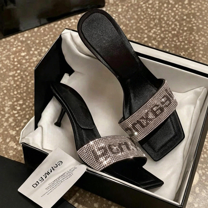 Rhinestone Lettered Thin-Heeled Square-Toe Slippers for Women 2026 Summer New Style Sexy Fashion Versatile Slip-On Sandals