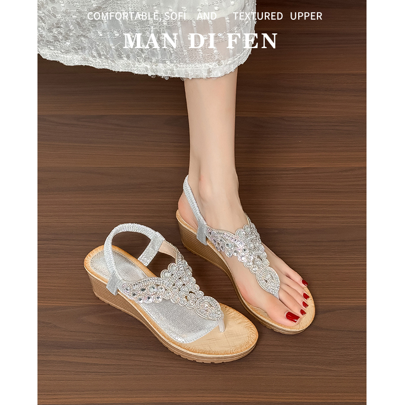 Bohemian Style Rhinestone Flip-Flops for Women, Summer Wedge Heels, Thick-Soled, Perfect for Outdoor Wear