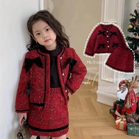 Красный комплект, юбка, детское зимнее шерстяное пальто, подходит для весны и осени, в стиле Шанель, в западном стиле, увеличенная толщина