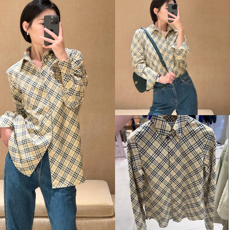 Burberry Plaid All-Over Print Single-Breasted Long-Sleeve Shirt for Women, Model 80982551