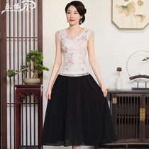 Short sleeve chiffon cheongsam top summer improvement fashion embroidery womens Tang suit daily short floral mother dress