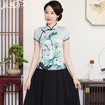 Improved fashion short-sleeved cheongsam set Silk womens Tang jacket short Chinese retro mother wedding dress
