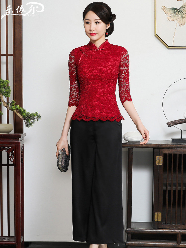 Improved fashion lace cheongsam Tang jacket spring and summer short Chinese magpie mother dress wedding dress size