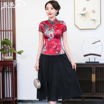 Short-sleeved silk cheongsam suit summer improved color womens Tang jacket short ethnic style mother wedding dress