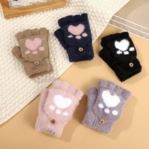 Winter imitation mink fur thermal gloves for students riding half-finger windproof and cold-proof cat claw love gloves