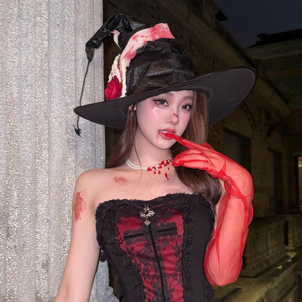 Original Halloween cosplay outfit featuring a skeleton hand, roses, a witch's hat, a magic hat, and a dark gothic headdress.