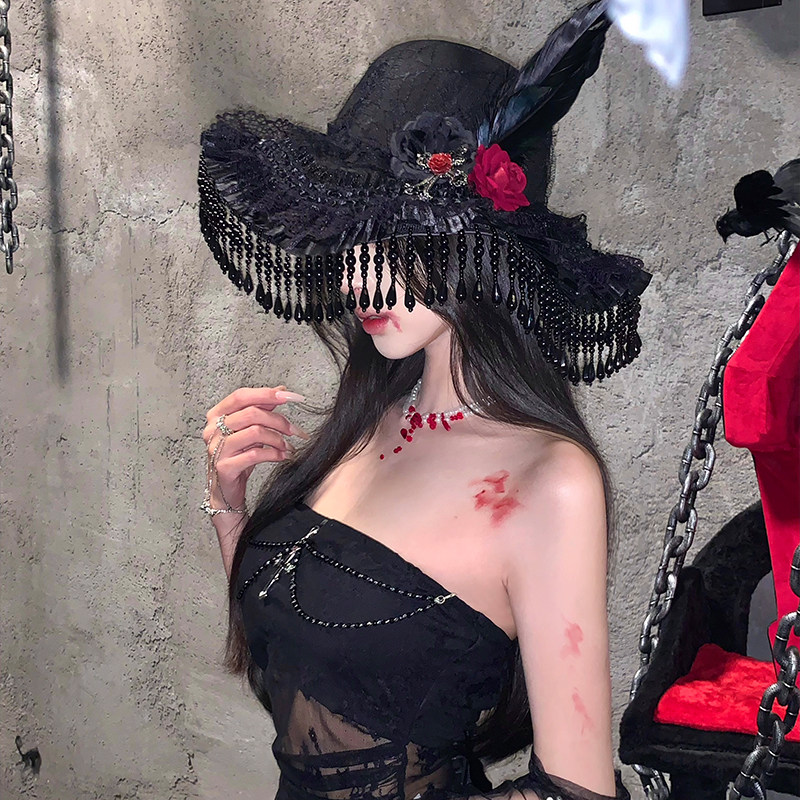 Original! Gothic Countess Widow Hat, Dark Lace Witch Hat, Halloween Cosplay Headwear