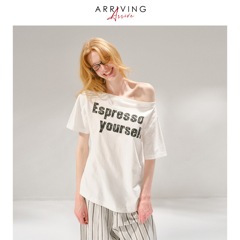 Arriving Arrive 100% Pure Cotton Slanted Shoulder Letter Print Casual Loose Slim-Fit Short-Sleeve T-Shirt Top