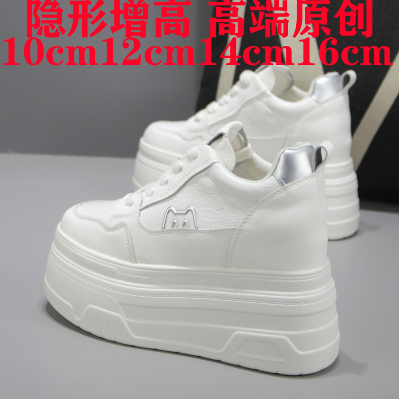 16cm Women's Height-Increasing White Sneakers, Genuine Leather, Thick Sole, Casual, Versatile, 12cm Ultra-High Heel, Spring and Autumn Style Women's Shoes