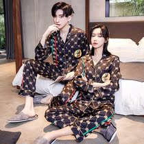 Long sleeve couple pajamas Thin Ice Silk Korean print casual satin cardigan Net red suit mens home wear