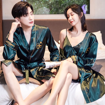Spring and Autumn Ice Silk Nightgown Couple Korean Leisure Large Size Korean Thin Ice Silk Home Clothes Long Sleeve Men's Pajamas Women