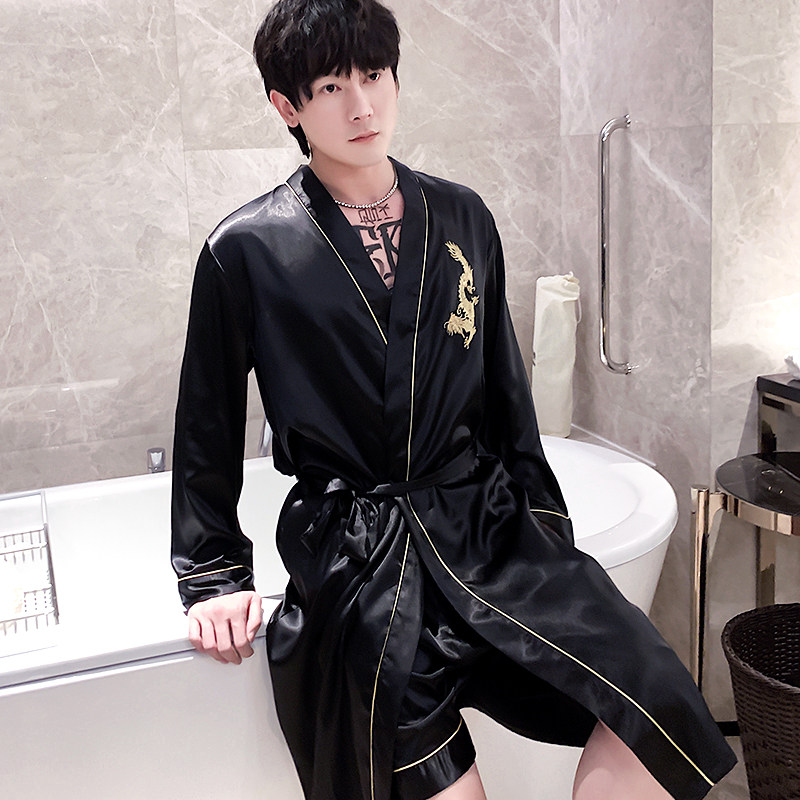 Summer Thin Ice Silk men's pajamas casual suit robe with shorts bathrobe printing domineering home Clothing Spring
