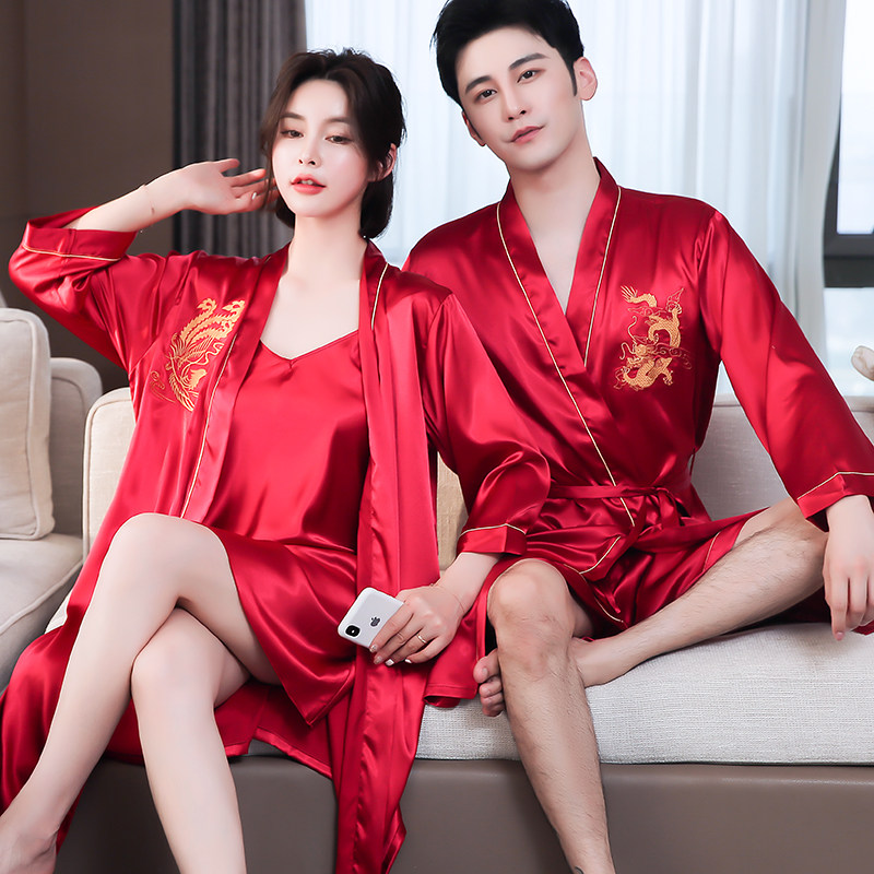 Ice Silk Red New Wedding Dragon Phoenix Pyjamas Sexy Harnesses Sleeping Robes Korean Version Couple Summer Casual Loose home Gun