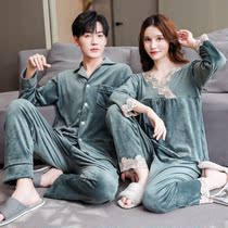 Two sets of price couples island velvet long sleeve autumn winter pyjamas Han version loose mens jersey thicken Home Thickening Home Clothing