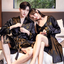 Couple pajamas silk Korean version of thin embroidered casual large size loose morning robe bathrobe set summer home wear men