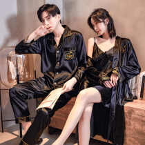 Ice silk spring and autumn Korean thin silk pajamas men long sleeve loose size sexy bathrobe ladies morning robe home clothes