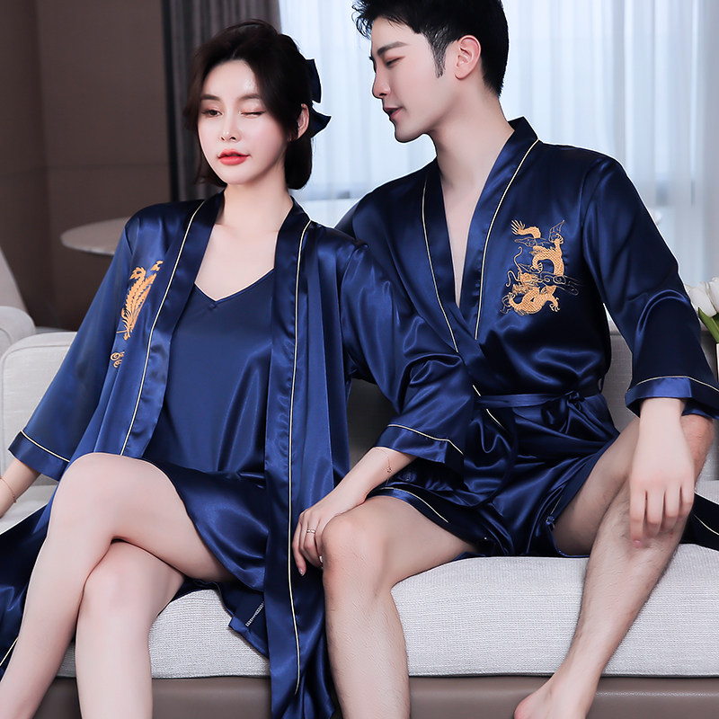 Summer sexy dressing gown ice silk thin pajamas casual men with shorts spring and autumn long sleeve bathrobe home suit