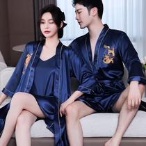 Summer sexy nightgown women ice silk thin pajamas casual men's shorts spring and autumn long sleeve bathrobe home clothing