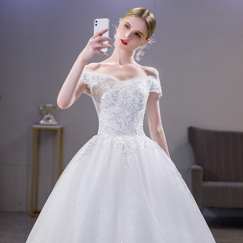 Straight Shoulder Light Wedding Dress 2021 New Bridal Main Yarn Temperament Son Ensemble Superfairy Dream Starry Sky Princess Minimalist Wedding Dress