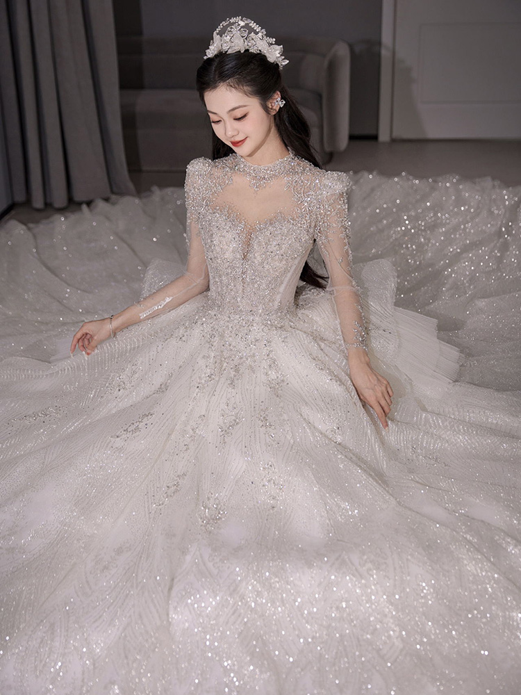 Long sleeve wedding dress 2023 Bride new Winter French Fugitive Princess Pregnant Woman Fine Sparkling Little Tug out of the door-Taobao
