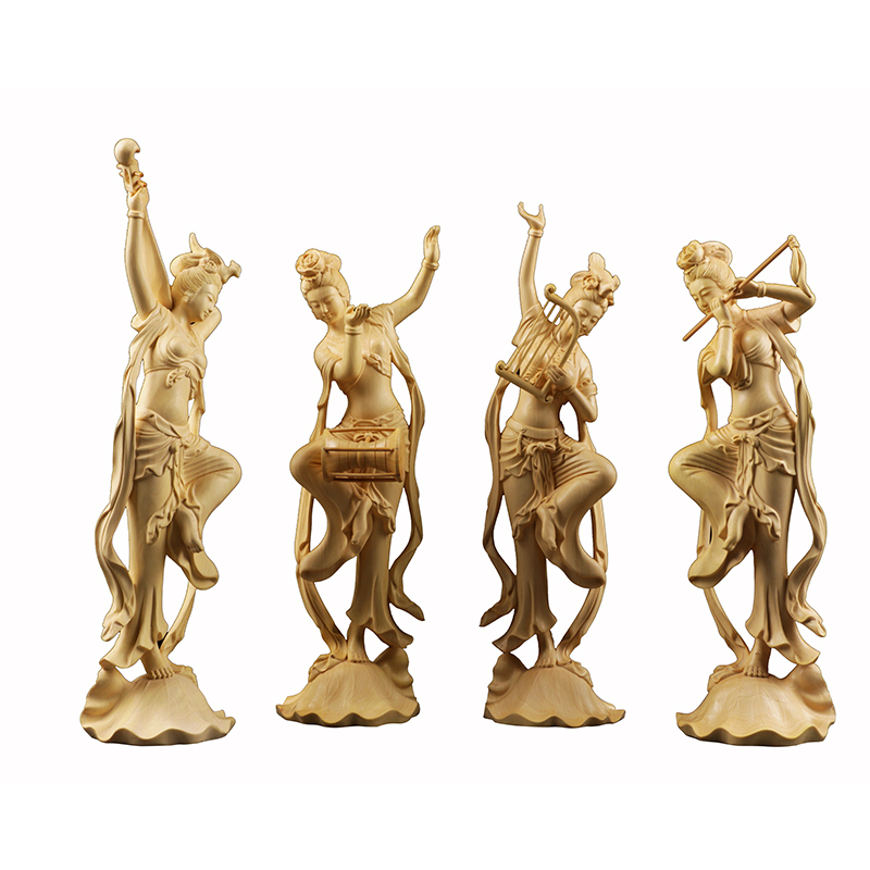 Wood carving ornaments, Dunhuang beauty, music, flying, four-tone rebound, pipa, horizontal flute, waist drum, home decoration, boxwood