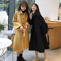 Áo len phổ biến 2018 mùa thu đông mới phiên bản Hàn Quốc dài đến đầu gối áo len lông đen đen nữ sinh viên áo khoác dạ nữ trung niên