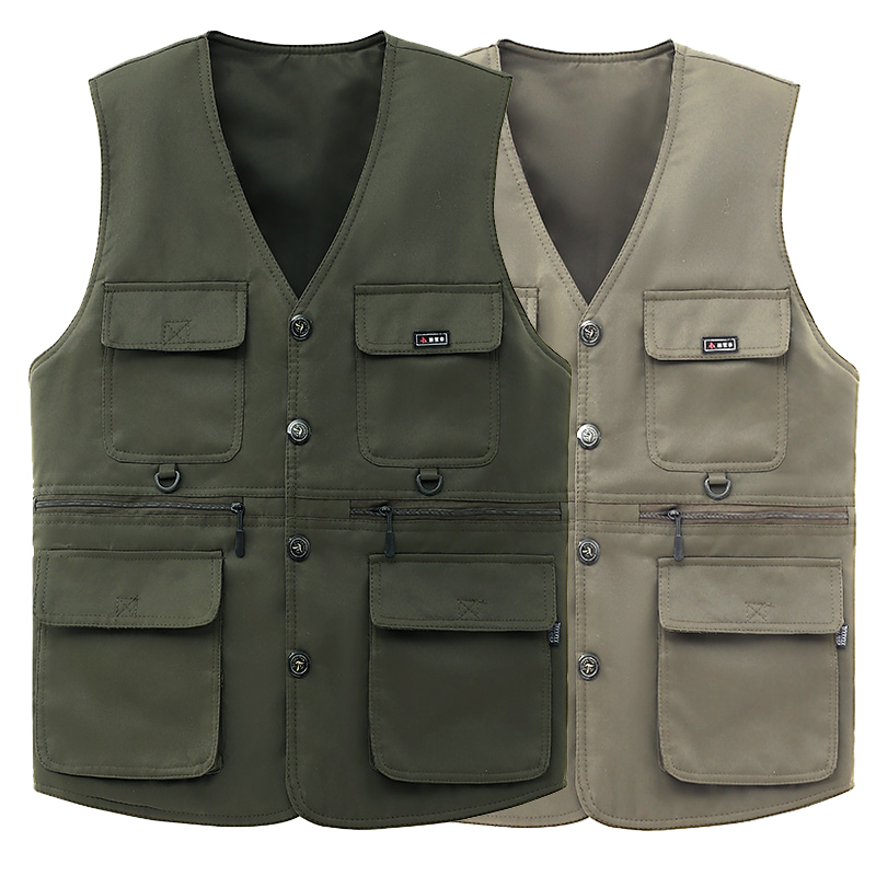 Spring and Autumn Men's Vest for Middle-Aged and Elderly, Large Size, Multi-Pocket, V-Neck, Casual Vest for Photography and Fishing