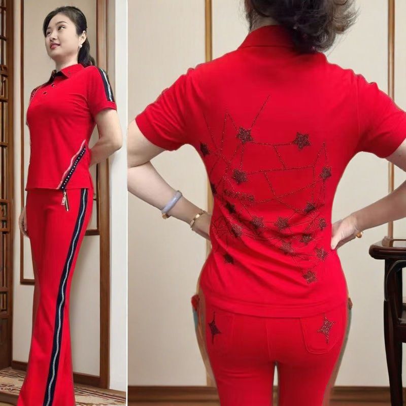 Red Roman Cotton Short-Sleeved Jiamusi Aerobics Outfit, Same Style as Narcissus, Set for Dance Performance and Aerobics Team