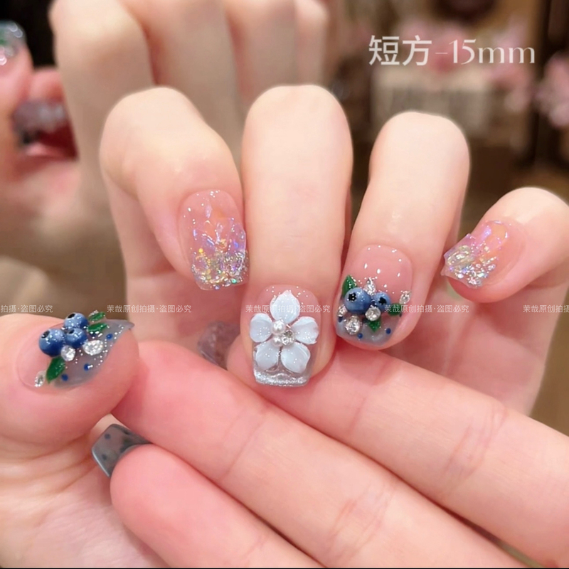 Mo Zai Original【Blueberry Sundae】Wearable Nails 2026 Purely Handmade Nail Pieces with Carved Blue Tone and Sparkling Nail Art 0039