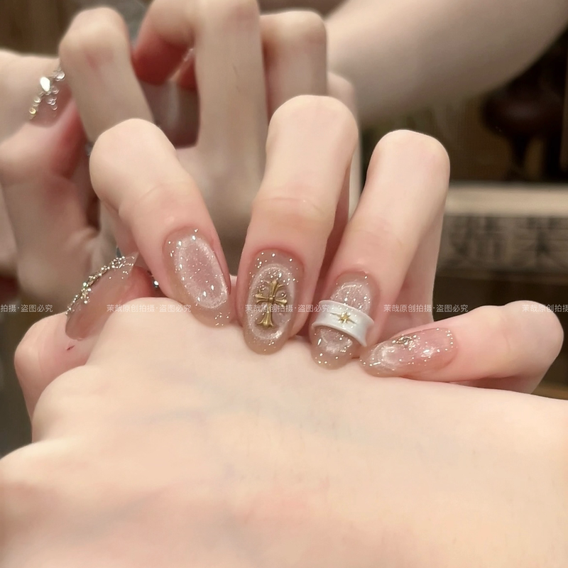 Mo Zai Original【Realm of Radiance】Wearable Nails 2026 Purely Handmade Nail Pieces with Golden Cross and Palace Style S1688