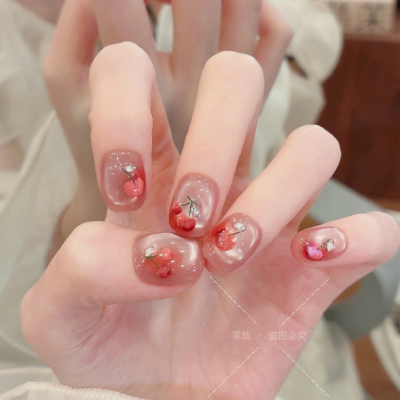 Mo Zai Original【Meizao Cherry】Purely Handmade Wearable Nails Short Style Nail Art New Hand-Painted Cat Eye Nail Art 0030